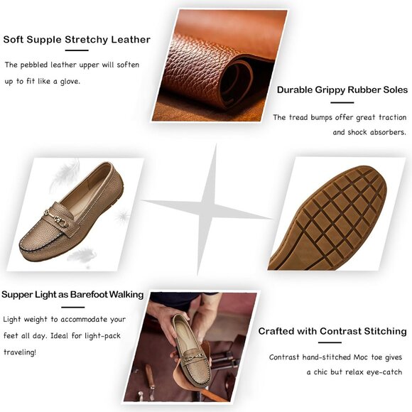 Kordal Women's Rose Gold Leather Gold Accent Buckle Slip-Ons Walking Loafers - Picture 3 of 9